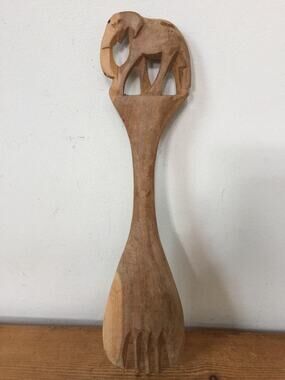 Vintage Handcarved Kenyan African Elephant Kenya Hardwood Salad Serving Fork 12"